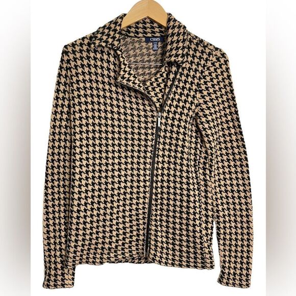 Chaps‎ Sweater Womens Houndstooth Zip Up Black/Tan Jacket Size Small - Picture 1 of 9